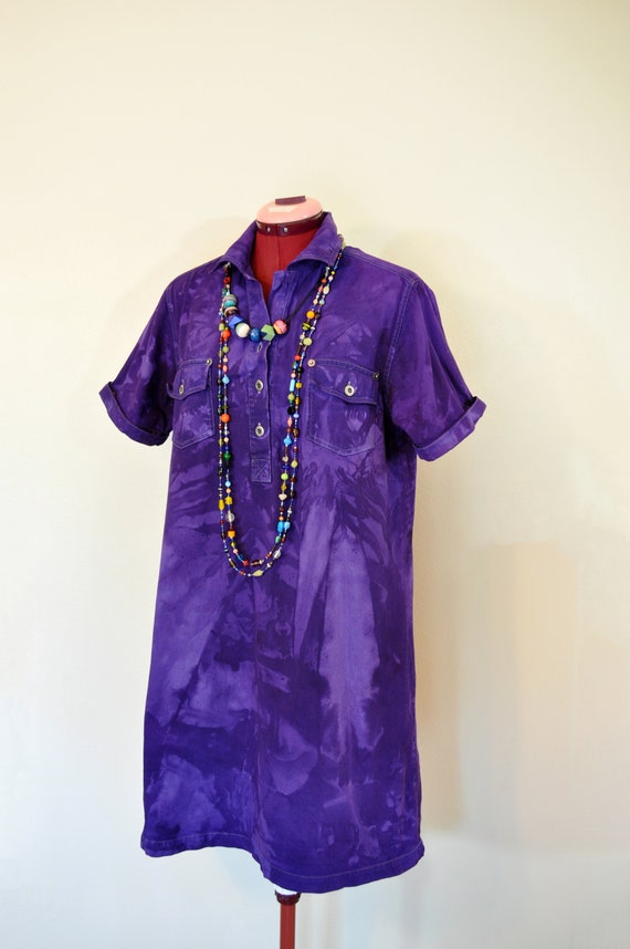 Violet Mottled Dyed Womens Medium Upcycled Christopher & Banks Denim Shirt DRESS (42