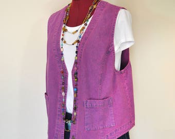 Pink Medium Denim VEST - Violet Fuchsia Magenta Purple Hand Dyed Upcycled Cherokee Denim Vest - Adult Womens Medium (40" chest)