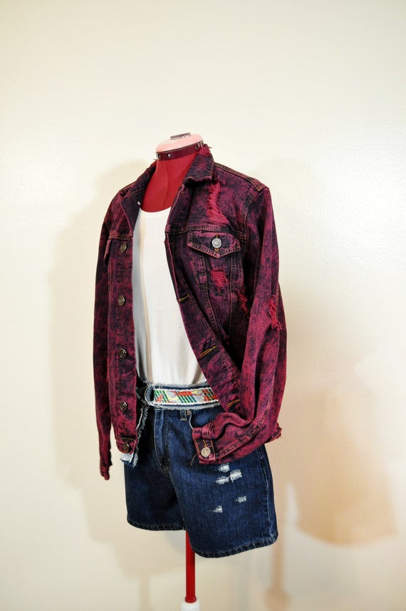 Wine Mens Small Denim JACKET - Wine Red Dyed Upcy… - image 2