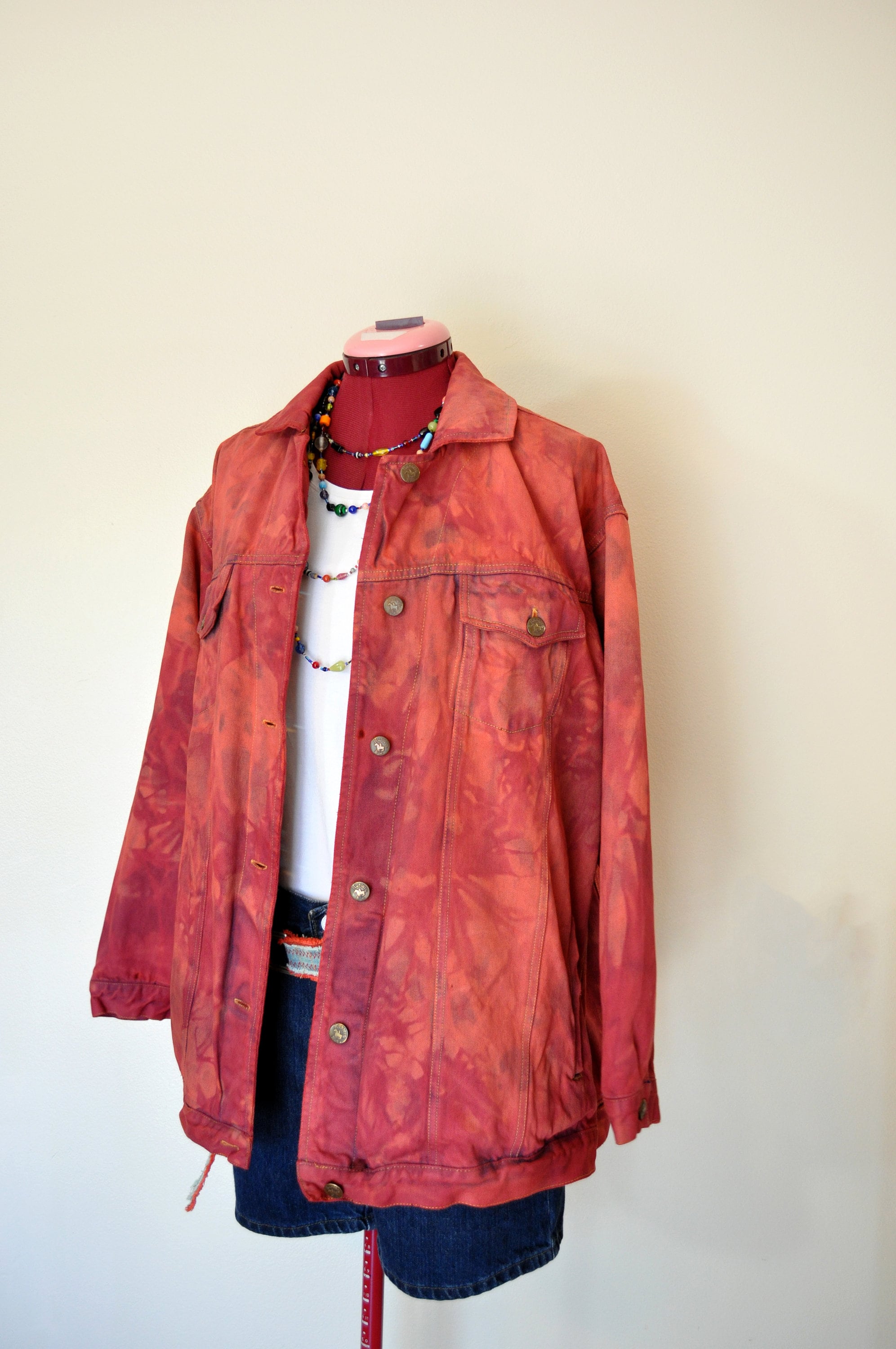 Red Orange Womens XL Denim Jacket Tomato Orange Dyed Upcycled Hunters Run 80s Denim Trucker Jacket Adult Women Sz Extra Large 48 Chest