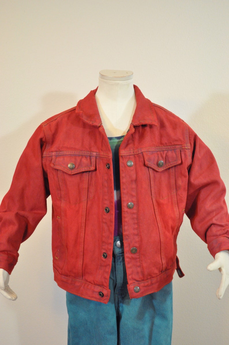 Childrens Boys Medium Large 34 chest Scarlet Red Dyed Upcycled Faded Glory Kids Denim Trucker Jacket Red Boys Sz 6 Year Denim JACKET