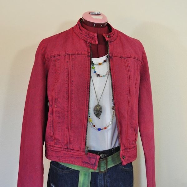 Red Jrs. Large Denim Jacket - Scarlet Red Upcycled Gap Denim Cropped Trucker Jacket - Adult Women's Size Juniors Large (40" chest)