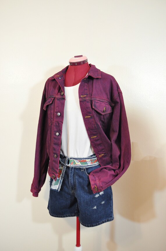 Wine Mens Small Denim JACKET Wine Red Dyed Upcycled Faded Glory
