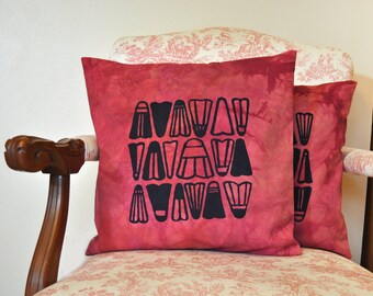 Cranberry Dyed Pillow Cover with Blue Ink Shuttlecock Badminton Birdie Screen Print Design - 16" x 16"