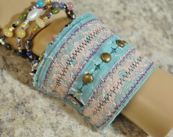 Aqua Denim Wristlette CUFF #61 - 8.5" Cuff Fiber Textile Art Dye Upcycle Stitched Studded Distressed Indy Denim Jacket Wrist Cuff