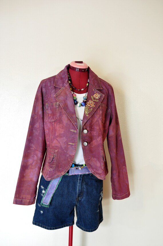 Red Small Denim Jacket - Red Wine Dyed Upcycled V… - image 4