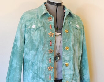 Teal Mint Small Cotton JACKET - Celadon Green Hand Dyed Repurposed Hearts of Palm Trucker Jacket - Adult Womens Size 6 Small (40" chest)