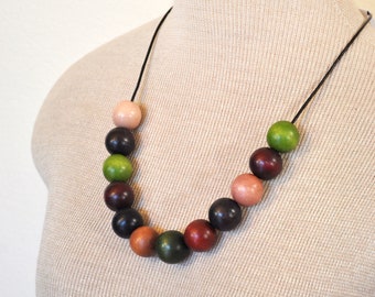 Beaded NECKLACE - Long 11" (22") Multicolor Brown Green Cherry Black Wooden Bead - Goes with Everything Necklace 91