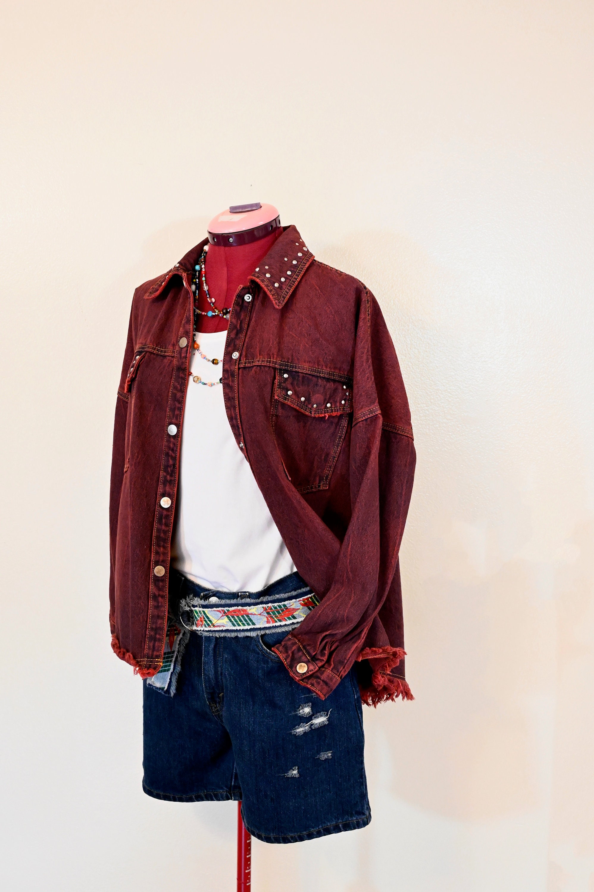 Red Womens Small Denim JACKET - Dark Red Dyed Upcycled