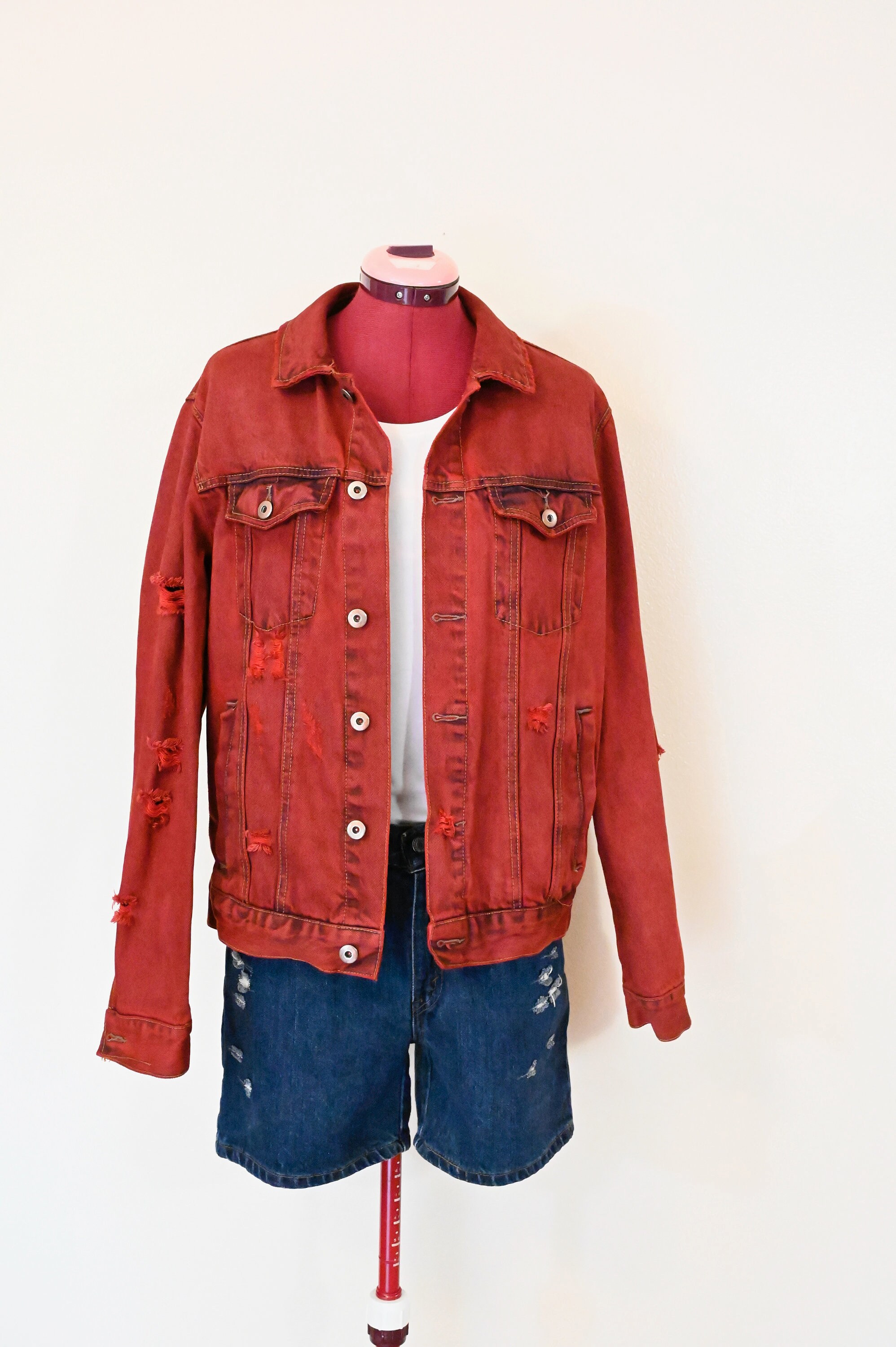 Red Men Medium Denim JACKET Scarlet Red Dyed Upcycled Forever21 Cotton Denim Trucker Jacket Adult Men s Size Medium 42 Chest Etsy