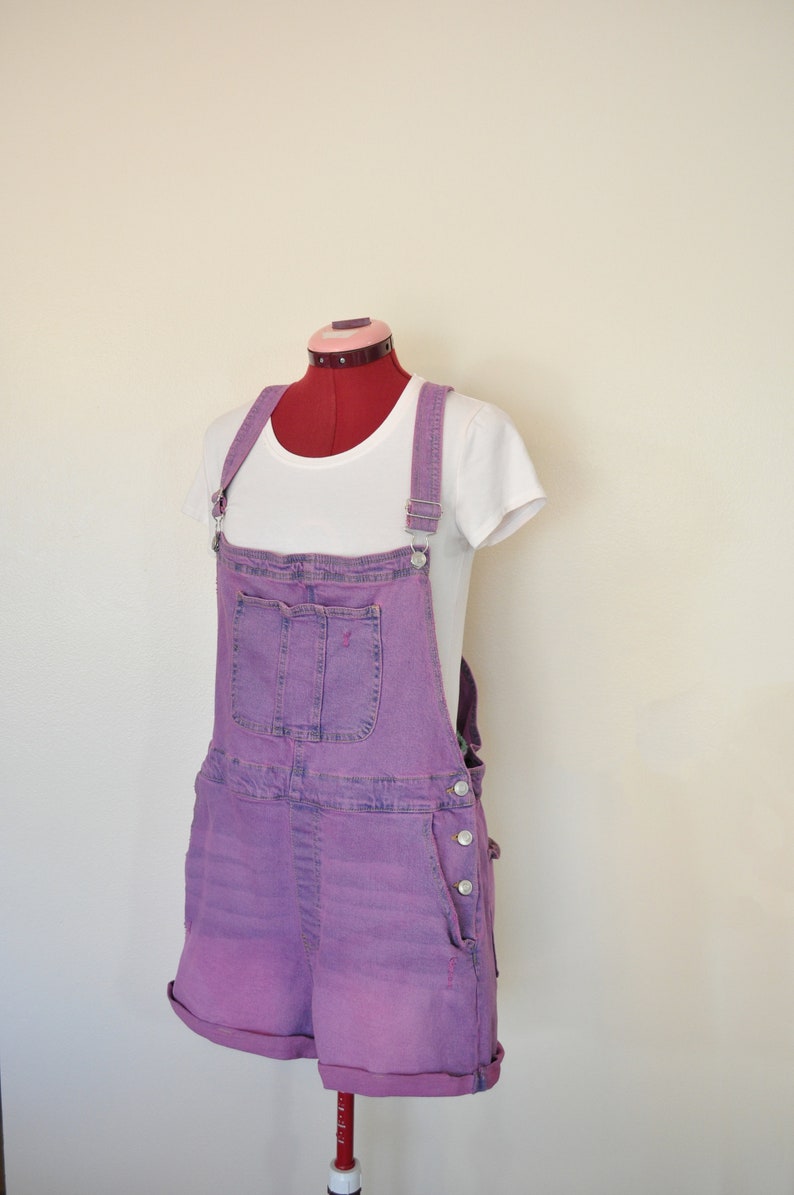 Fuchsia Pink Jrs. Xl 15/17 Bib OVERALL Shorts Pink Solid Dyed NEW No Bo Denim Shortalls Adult Women 15/17 Extra Large XL 38 Waist image 1