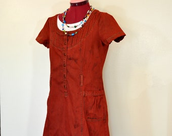 Red Dyed Womens Small Upcycled DKNY Denim Tunic DRESS (36" chest)