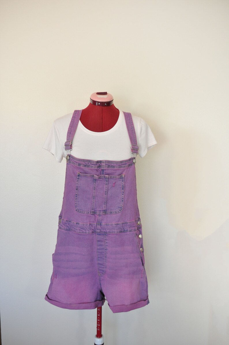 Fuchsia Pink Jrs. Xl 15/17 Bib OVERALL Shorts Pink Solid Dyed NEW No Bo Denim Shortalls Adult Women 15/17 Extra Large XL 38 Waist image 3