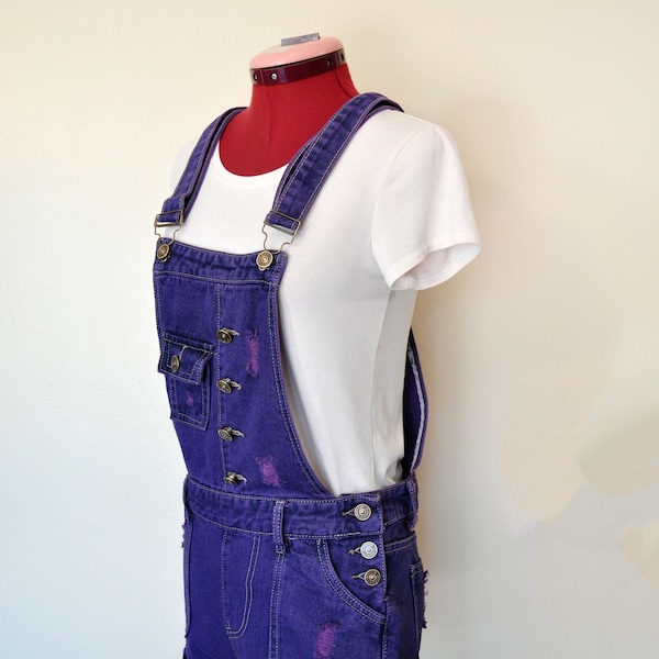 Purple Jrs. Medium Bib OVERALL Shorts - Violet Dyed Upcycled DTYNZ Cotton Denim Shortalls - Adult Womens Sz Juniors Medium (30" waist)