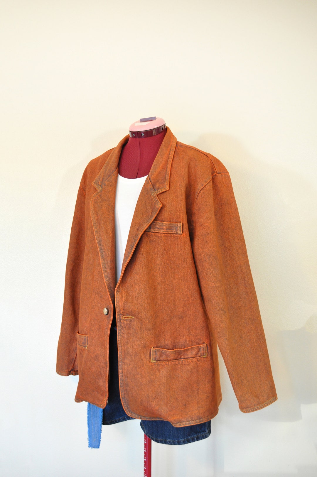 Orange Mens Medium Denim JACKET Orange Dyed Upcycled Vivaldi Cotton