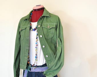 Green Dyed Womens Juniors Medium Upcycled Forever21 Denim Trucker Jacket (38" chest)