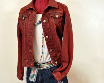 Red Medium Denim JACKET - Dark Red Dyed Upcycled Zena Denim Trucker Jacket - Adult Womens Size Medium (38 chest)