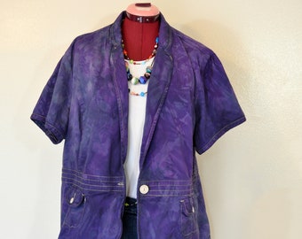 Blazer extragrande de algodón merona reciclado teñido morado para mujer, talla 24 W (pecho: 132 cm)