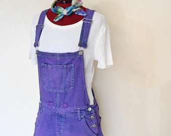 Lilac Dyed Womens Large Upcycled Juniors Rewash Denim Bib OVERALL Shortalls (34W x 3L)