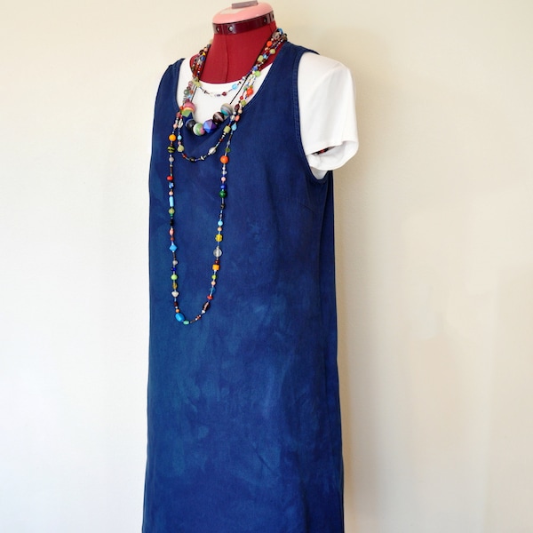 Blue Large Overall DRESS - Royal Blue Dyed Upcycled Excitation Cotton Denim Bib Overall Dress - Adult Womens Size Large (40" Chest)