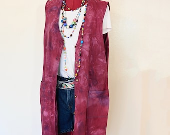 Wine Mottled Dyed Women's Large Upcycled SunBelt Denim Vest DRESS - (44" chest)