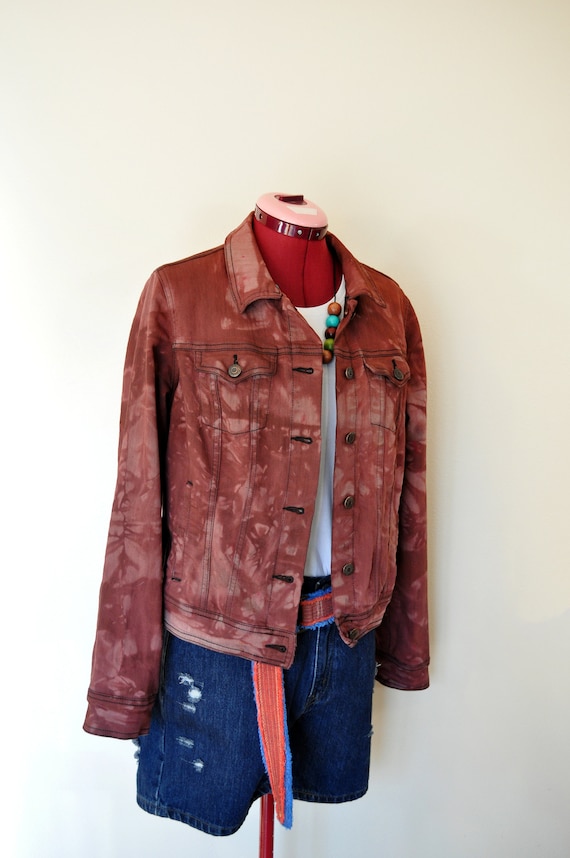 Cocoa Brown Medium Denim JACKET Red Brown Dyed Upcycled Old Navy