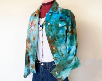 Blue Ice Dyed Womens Large Upcycled Liz Claiborne Denim Trucker Jacket (40" chest)