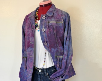 Violettblaue mittelgroße Baumwolljacke – lila blau melierte gefärbte Upcycled Caribbean Joe Safari Blazer-Jacke – Erwachsene Damen Gr. Medium (40" Brust)