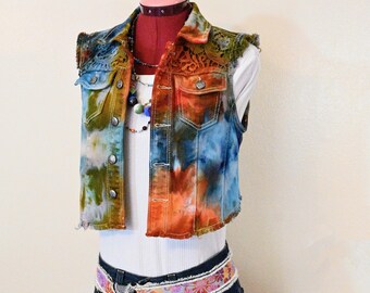 Blue Rust Iced Dyed Womens Small Upcycled Rue21 Cropped Denim Trucker VEST (34" chest)