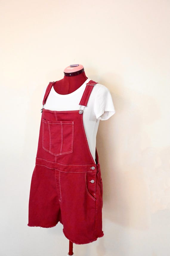 short overalls red denim overalls