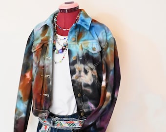 Blue Rust Ice Dyed Womens Small Upcycled Old Navy Denim Trucker JACKET (40" chest)