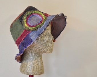 Dyed Denim 23" Beach Bucket Sun HAT #130 - Rustic Orange Purple Green Gold Blue Dyed Upcycled Denim Fringed Frayed - Adult Size Large 23"