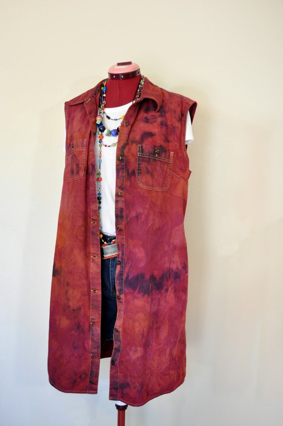 Red Sz 12 Large Denim DRESS - Red Wine Dyed Upcycl