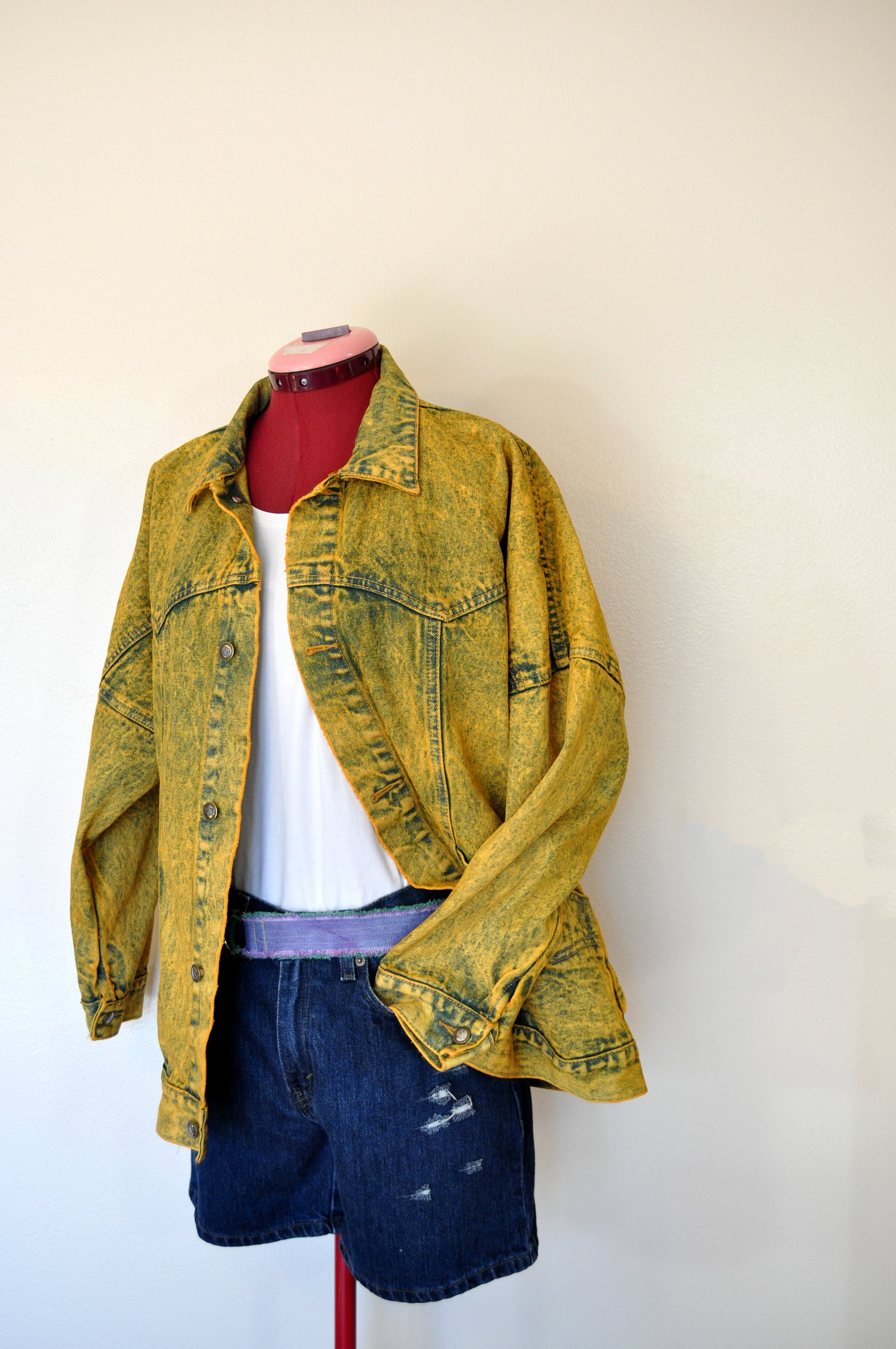 Gold Mens Medium Denim JACKET - Rustic Yellow Dyed Upcycled Gold Mens Medium Denim JACKET - Rustic Yellow Dyed Upcycled