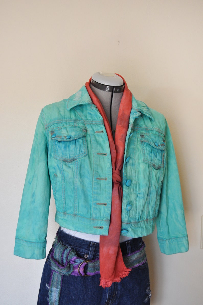 38 chest Green Hand Dyed Upcycled Jolt Denim Trucker Jacket Green Sz Medium Denim JACKET Teen Girls Sz Medium