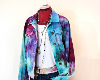 Blue Pink  Ice Dyed Womens Large Upcycled Tapemeasure Denim Trucker JACKET (44" chest)
