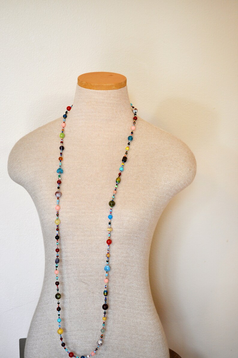 Beaded NECKLACE 48 Goes with Everything Necklace 117 Multiple Pastel Colors Orange Green Red Aqua Gold Seed Bead Glass Bead Long 24