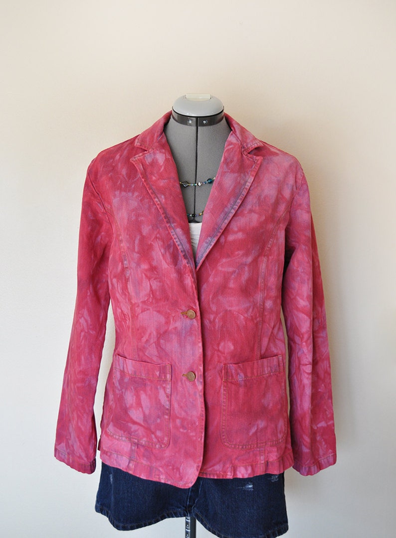 Magenta Hand Dyed Upcycled Bill Blass Cotton Denim Blazer Jacket Fuchsia Pink Small Denim JACKET Adult Women Size Small 42 chest