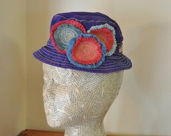 Purple Dyed Denim 18" Bucket Beach HAT #1 - Green Blue Orange Red Yellow Upcycled Polo Fringed Denim Circle - Baby Infant One Size 18" Hat