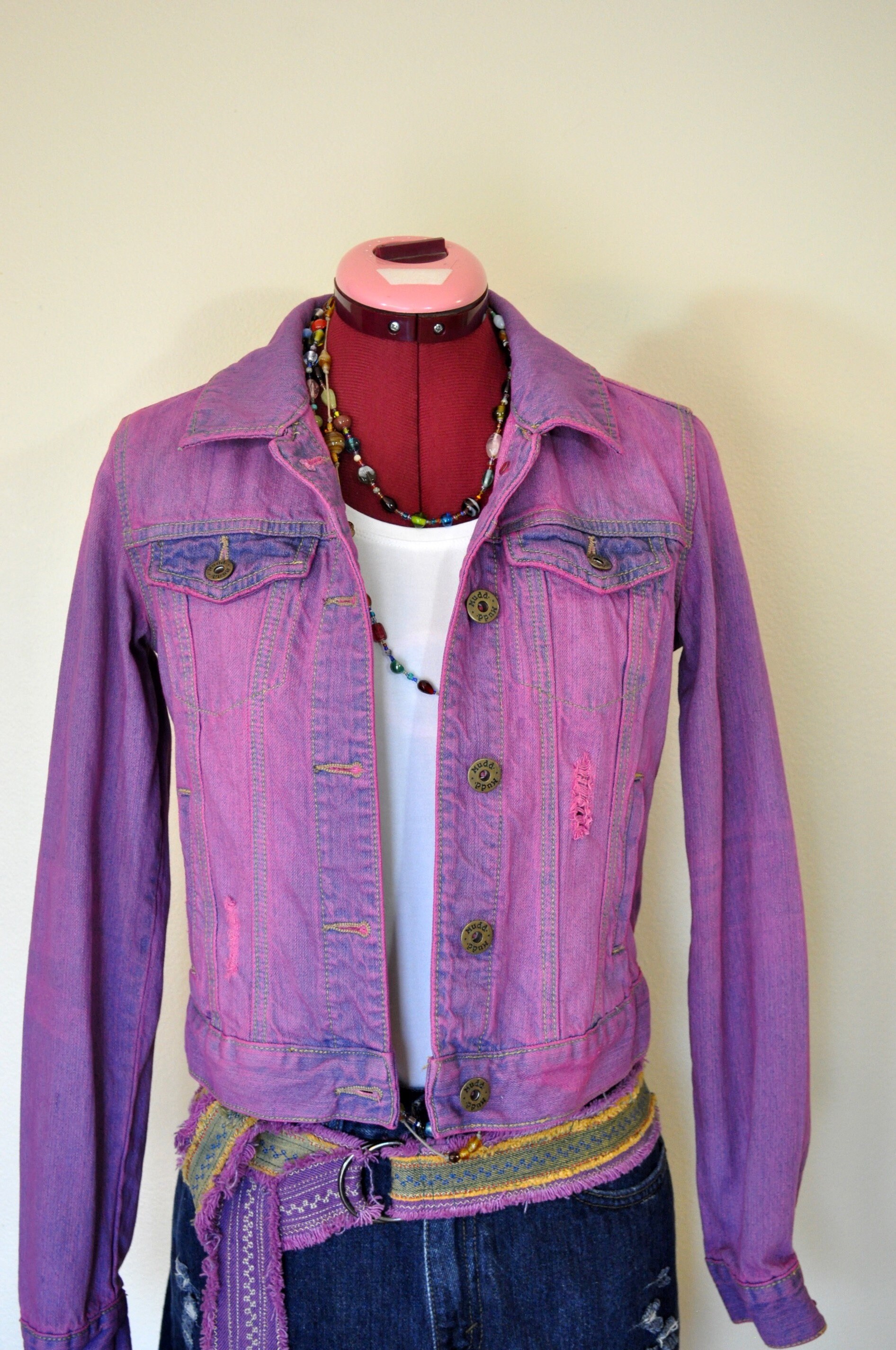 Pink Dyed Womens Juniors Small Upcycled Mudd Denim Trucker JACKET