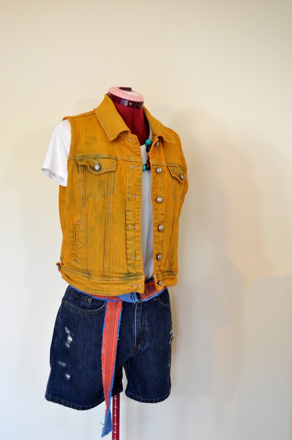 Gold Jrs Large Denim Vest Sunflower Gold Dyed Upcycled Etsy
