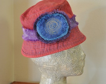 Red Dyed Denim 20" Bucket Beach HAT #13 - Blue Violet Upcycled OshKosh Fringe Denim Circle - Child Infant Baby 20" Hat