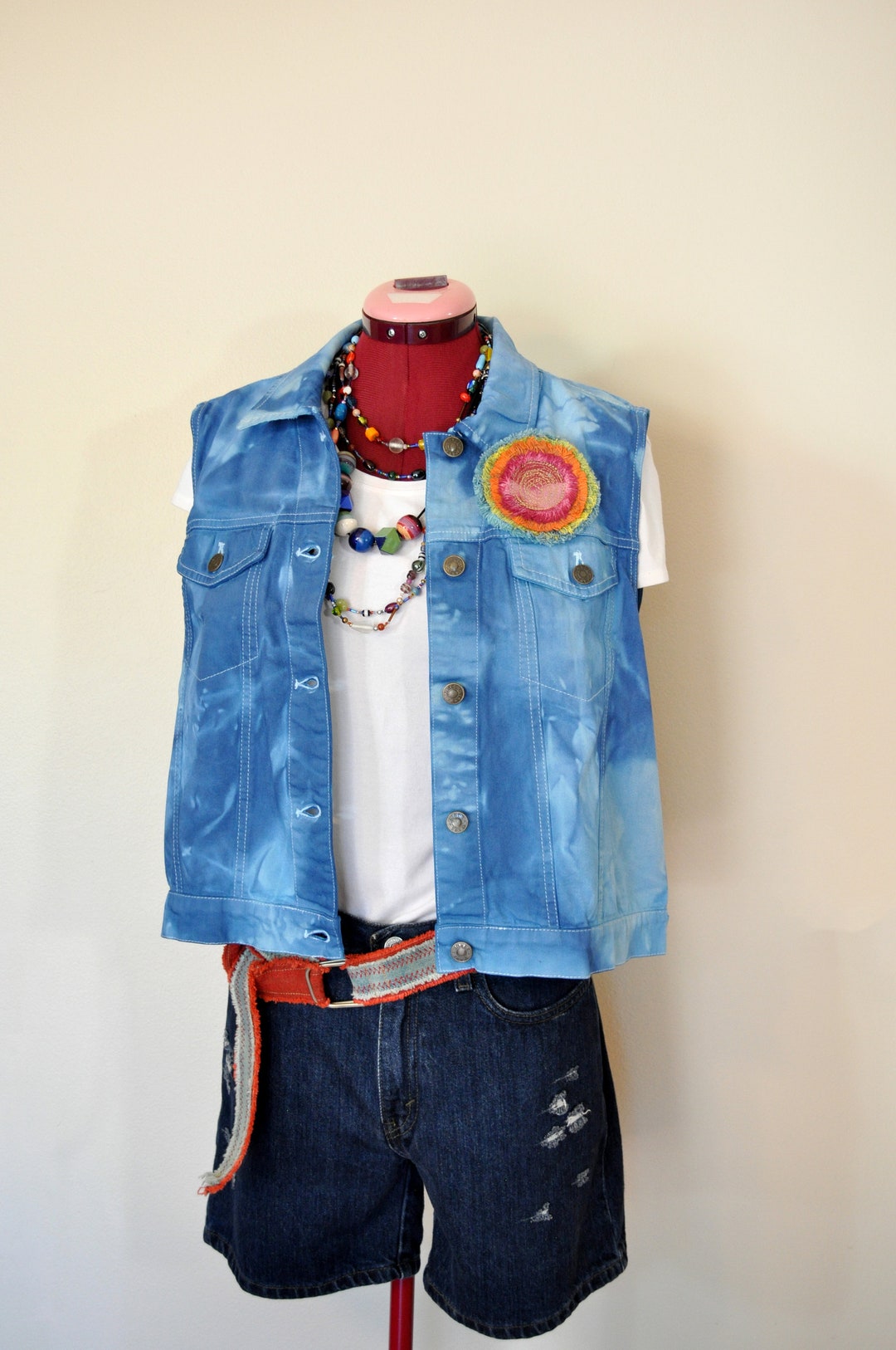 Blue Mottled Dyed Womens Large Upcycled Jones Jeans Cropped Denim