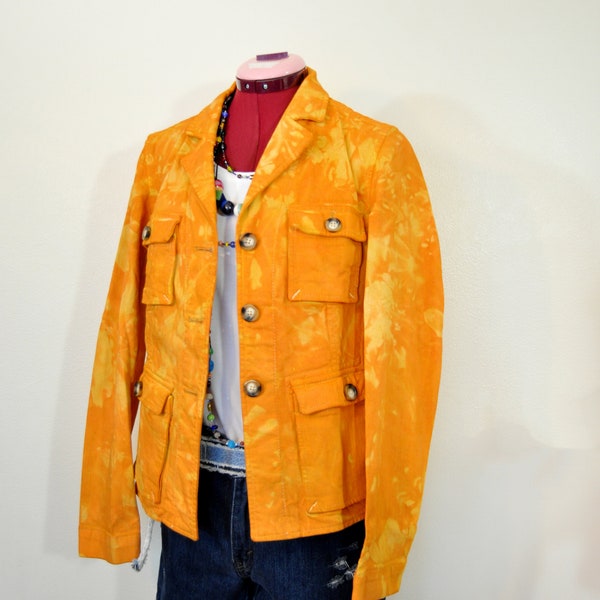 Orange Medium Denim JACKET - Gold Orange Hand Dyed Upcycled Gap Denim Safari Blazer Jacket - Adult Womens Size 12 Medium (40" chest)