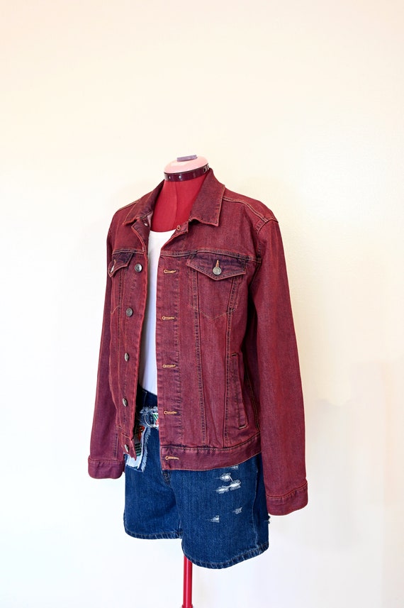 Red Mens Small Denim JACKET - Wine Red Solid Dyed… - image 4