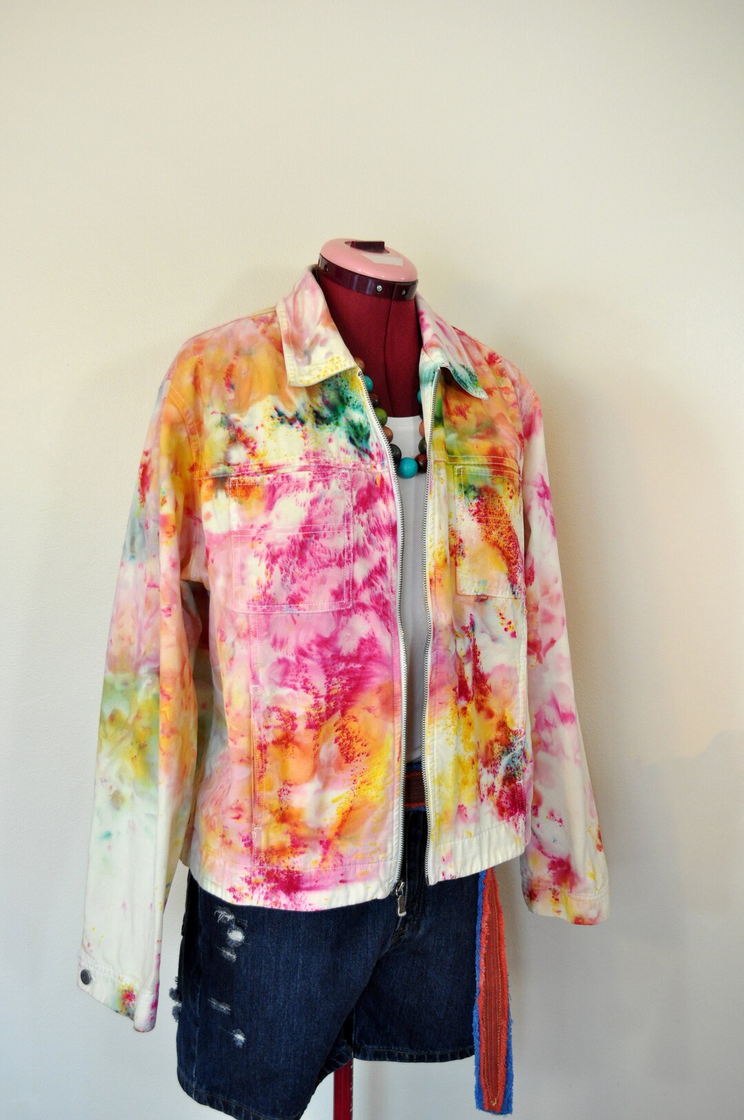 Red Yellow Womens Large JACKET Celadon Gold Ice Dyed Upcycled Liz
