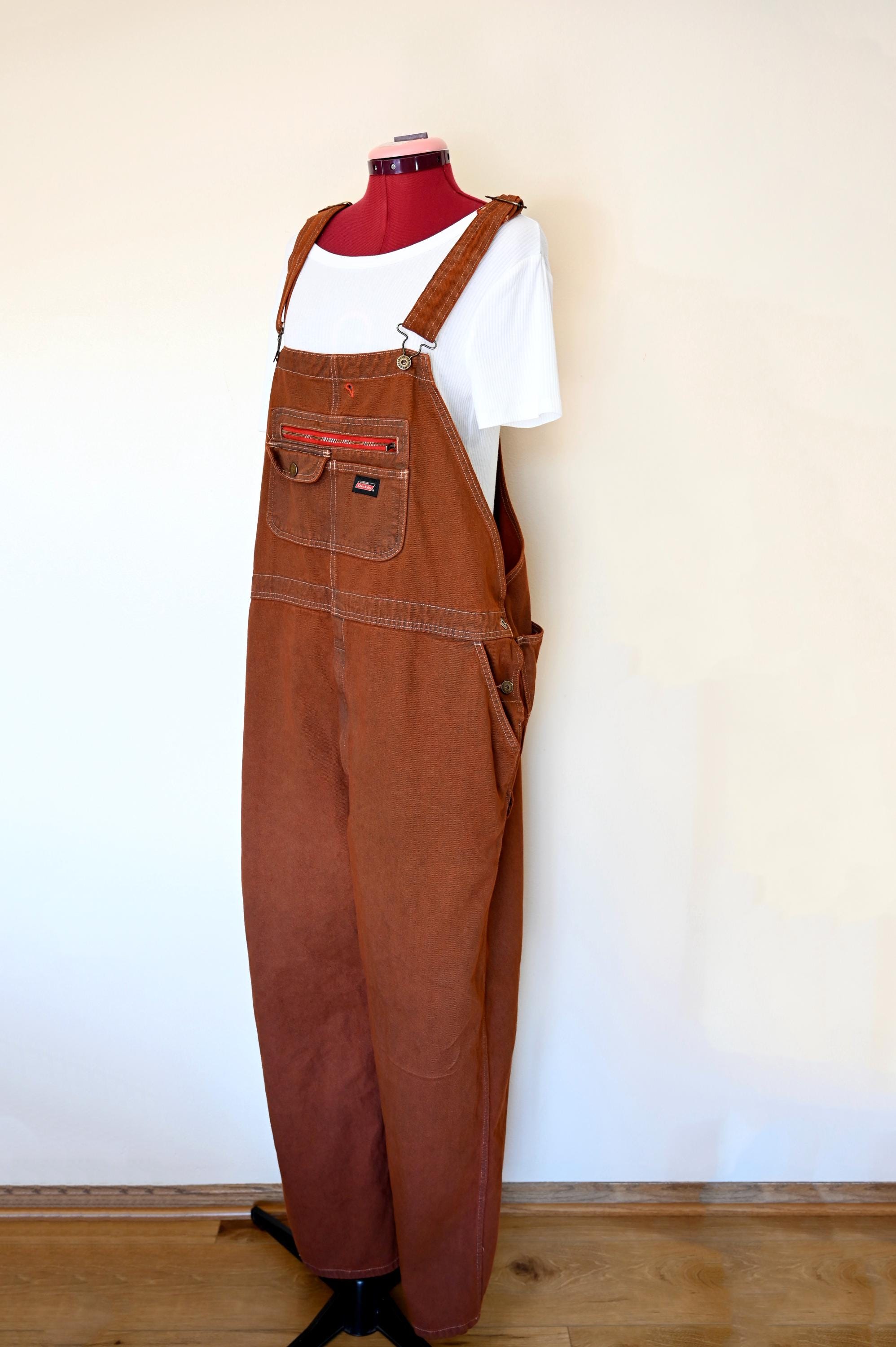 Rust Mens 2XL Bib OVERALL Pants - Rust Orange Dyed Upcycled Dickies Denim Overalls - Adult Mens Womens Plus Size Extra Large (48W x 31 L)