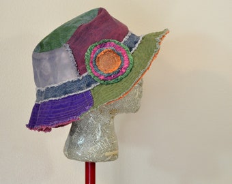 Dyed Denim 26" Beach Bucket Sun HAT #285 - Rustic Green Red Violet Blue Dyed Upcycled Denim Fringed Frayed - Adult XXL Extra Large 26"