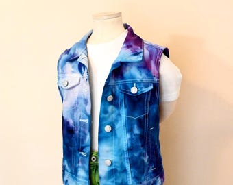 Violet Blue Ice Dyed Girls 8 Medium Upcycled Old Navy Denim VEST (30" chest)