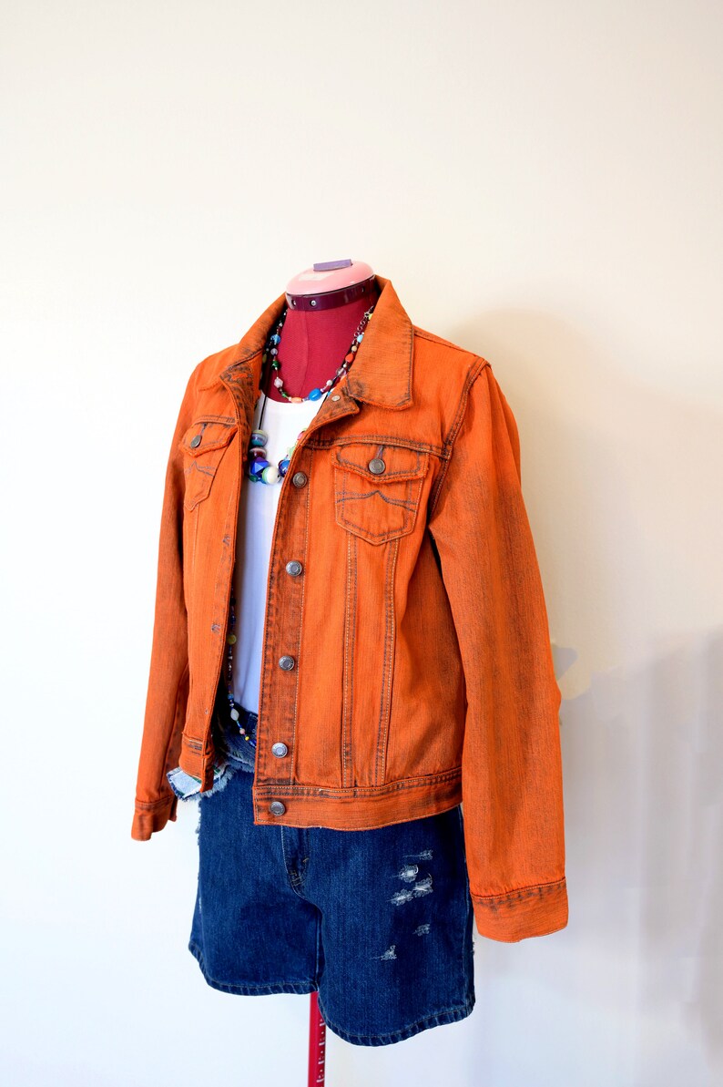 Orange Womens Jrs. Large Denim JACKET Tangerine Orange Dyed Upcycled